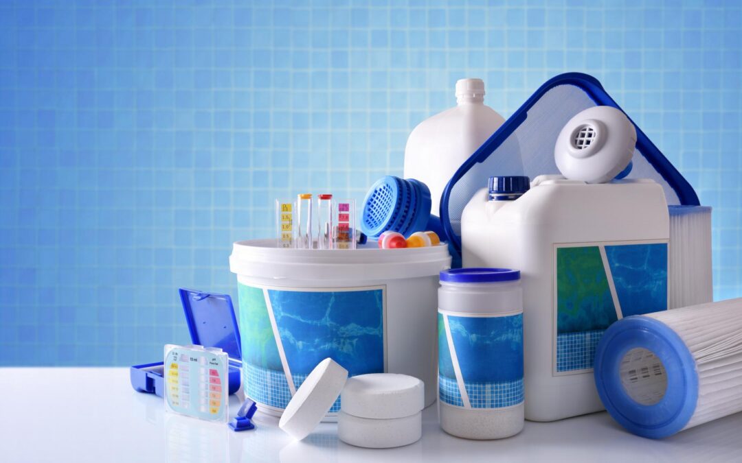 Chemical,Cleaning,Products,For,Pool,Water,On,White,Table,And